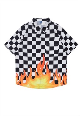 Check fire print shirt flame top in black white
