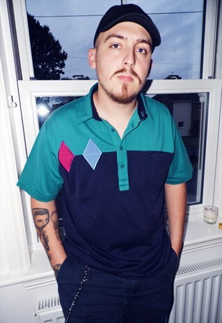 VINTAGE T SHIRT 80S MEN'S DIAMOND PATCHES COLOURS BUTTON UP