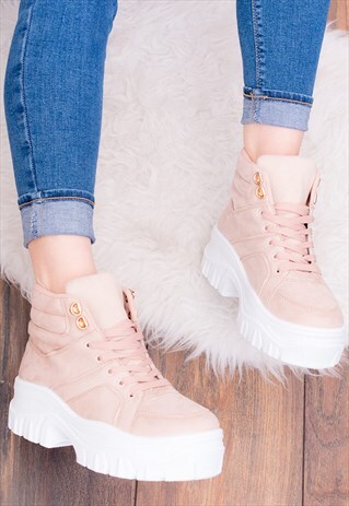 LACE UP CHUNKY HI TOP TRAINERS IN NUDE SUEDE STYLE - ARAGONA