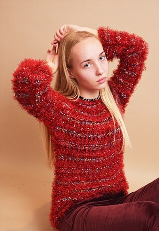 90'S RETRO KITSCH FURRY FLUFFY KNIT JUMPER TOP
