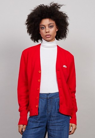 VINTAGE 80'S LACOSTE RED V-NECK CARDIGAN