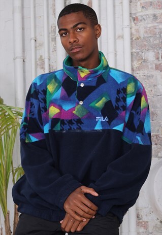 VINTAGE FILA LOGO BUTTON COLLAR FLEECE BLUE