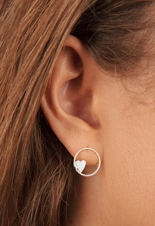 LARGE CIRCLE AND HEART STUD EARRINGS STERLING SILVER