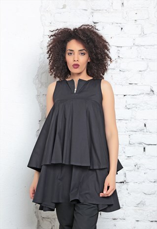 RUFFLE BLOUSE, BLACK TUNIC, COTTON BLOUSE, SLEEVELESS TUNIC