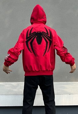 Red Embroidered Spiderman hooded Varsity jacket 