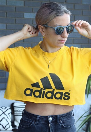 VINTAGE 1990S YELLOW ADIDAS CROP TOP RAW HEM T SHIRT