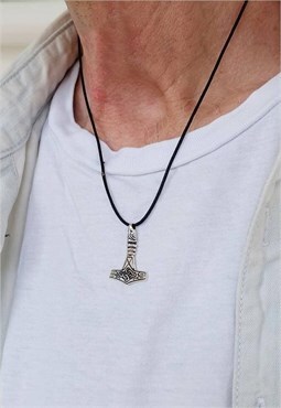Black Thor Hammer Cord Necklace Men Sterling Silver Necklace