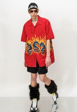 Vintage Y2K epic flaming dragon rave shirt in spicy red