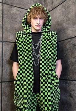 SKA check fleece gilet handmade sleeveless hood jacket green