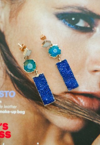 NAVY BLUE TURQUOISE GEMSTONE ROSE GOLD EARRINGS