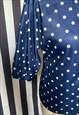 VINTAGE 80S BLUE BLOUSE, WHITE POLKA DOTS, PUFF SLEEVES, UK8