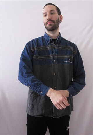 VINTAGE BLUE & GREY STRIPED DENIM SHIRT PREPPY