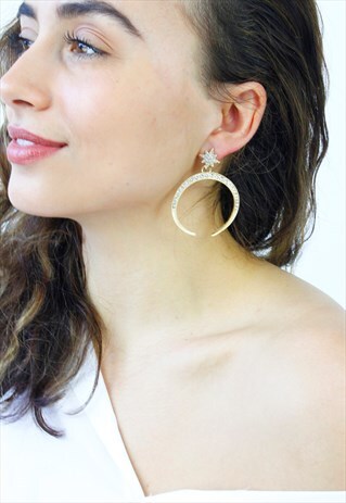 GOLD DIAMANTE HALF MOON HORN DANGLE EARRINGS