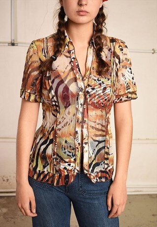 Y2K RETRO ANIMAL PRINT MESH SHEER PARIS CHIC TOP BLOUSE