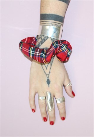 HANDMADE RED TARTAN PUNK GRUNGE UNIQUE TRENDY SCRUNCHIE