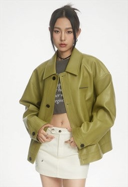 Faux leather varsity jacket smart PU grunge bomber in green
