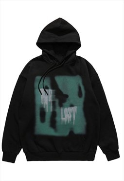 Smoke print hoodie punk top lost slogan grunge jumper black