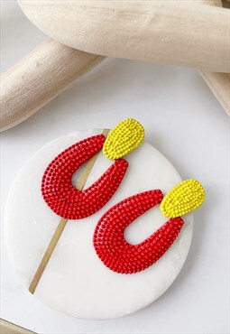 Red Yellow Doorknocker Textured Drop Chandelier Earrings