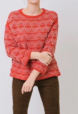 Vintage 70s Boho Boxy Fit 3/4 Sleeves Knitted Jumper in Red