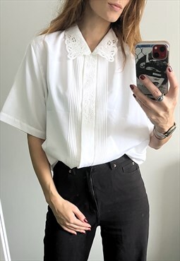 White Lace Embroidered Collar Prairie Feminine Blouse Top XL