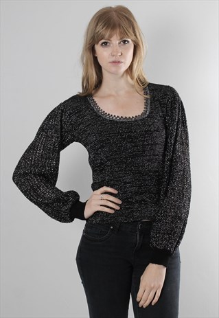 VINTAGE 80S BLACK SILVER CROCHET KNIT METALLIC JUMPER TOP