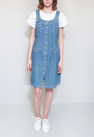 VINTAGE 1990'S BLUE DENIM MINI DUNGAREE DRESS