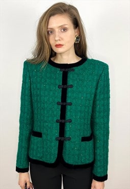 Green Wool Tweed Jacket, Designer Boucle Tweed suit
