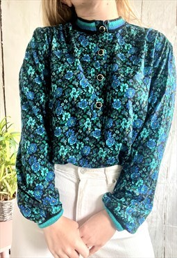 Vintage Green & Blue Floral Knitted 80's Polo Collar Top