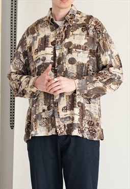 Vintage 90s Grunge Long Sleeve Brown Pattern Men Shirt L
