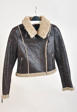 Vintage 00s faux shearling biker jacket in brown