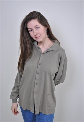 80S KHAKI GREEN CARDIGAN, DUCK EMBROIDERY KNIT WARM SHIRT