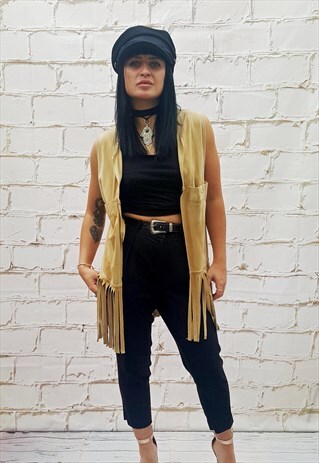 VINTAGE REAL SUEDE/LEATHER BEIGE FRINGED WAISTCOAT