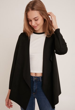 SUEDE EFFECT WATERFALL JACKET - BLACK