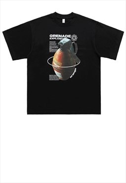 Grenade print t-shirt grunge punk tee retro slogan top black