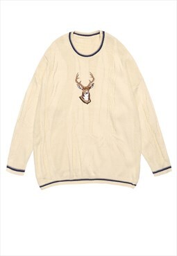 Deer embroidery sweater y2k cable knitwear jumper in cream