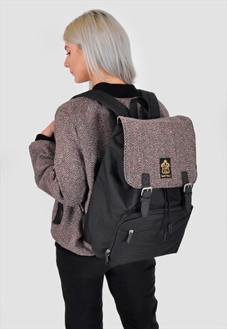 PINK WOOL HERRINGBONE PANEL LAPTOP BACKPACK