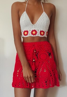 Red and white crochet co-ord, skirt and floral bralette