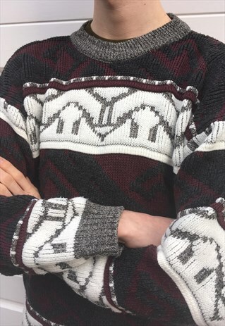 MENS VINTAGE 80S JUMPER RED GREY AZTEC PATTERNED FESTIVAL