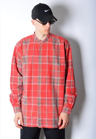 VINTAGE 90S RED GREY CHECK COLLARLESS SHIRT