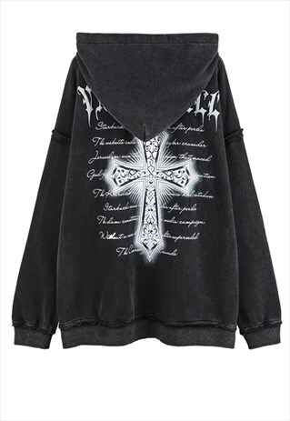 BLACK WASHED DISTRESSED GRAPHIC OVERSIZED HOODIES