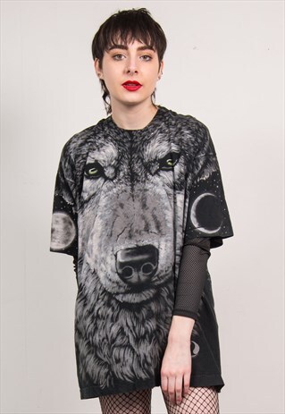 VINTAGE 90'S BLACK WOLF PRINT T-SHIRT