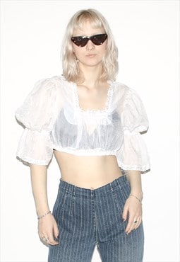 Vintage 90s stretchy flare sleeve crop top in white