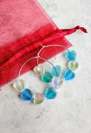 BLUE IRIDESCENT CANDY HEART HOOP EARRINGS