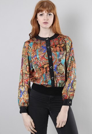 VINTAGE 80S SATIN PATTERNED BOMBER BLOUSE TOP