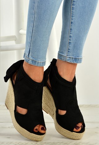 BLACK ESPADRILLE WEDGE PLATFORM BACK LACE SANDALS SHOES