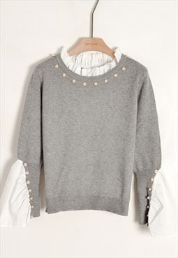 Grey Jumper with Shirt Details & Pearl Embellishments