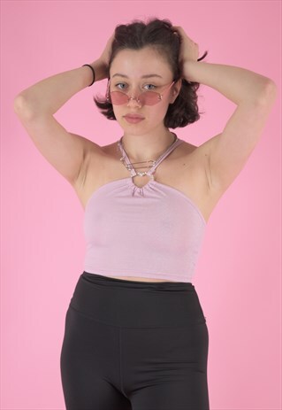 Y2K CROP TOP WITH SILVER SPARKLE HEART IN LIGHT PINK