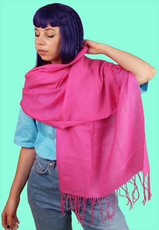 VINTAGE 90'S WOOL SCARF LARGE FRINGE SHAWL IN PINK