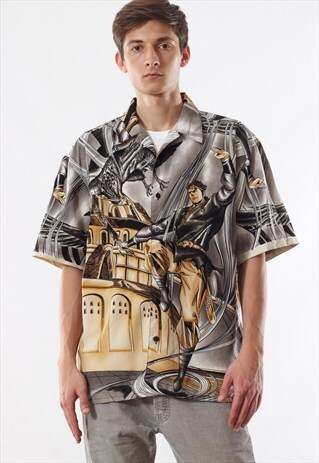 VINTAGE HAWAIIAN 90S GREY ANIME GRAPHIC PRINTED SHORT SLEEVE