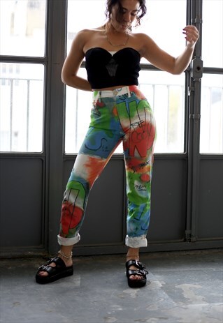 VINTAGE MOSCHINO GRAFFITI PRINT MOM JEANS HIGH WAIST MULTI
